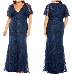 Mac Duggal NWT Navy V Neck Flutter Sleeve Embellished Sequin Maxi Gown Size 22W